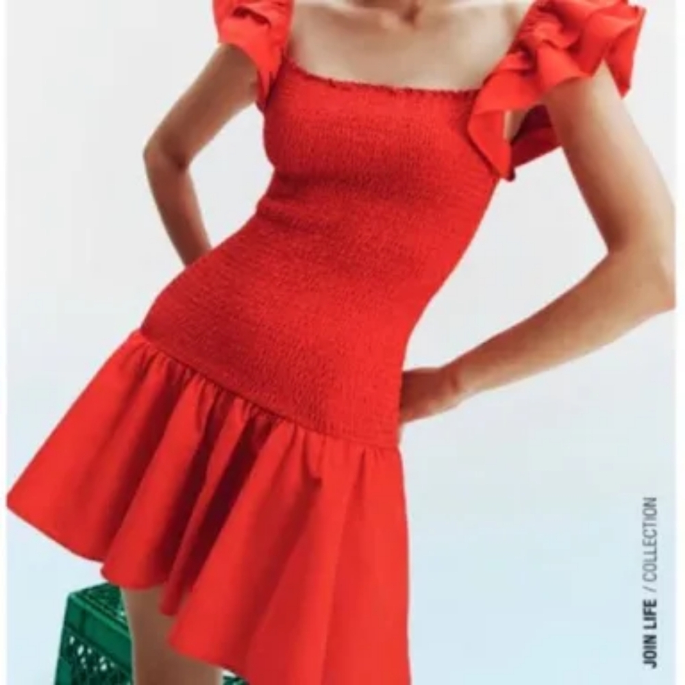 ZARA Red Smocked Ruffle Dress NWT